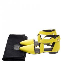 Alexander Wang Fluorescent Yellow Lizard Embossed Leather Tabea Cross Strap Flat Sandals Size 39.5