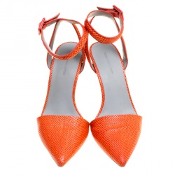 Alexander Wang Orange Snake Embossed Leather Lovisa Pointed Toe Ankle Strap Sandals Size 37