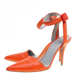 Alexander Wang Orange Snake Embossed Leather Lovisa Pointed Toe Ankle Strap Sandals Size 37