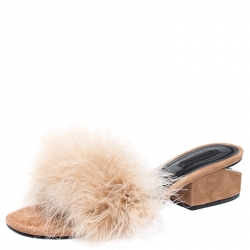 Alexander Wang Beige Suede Feather Embellished Lou Slides Size 39