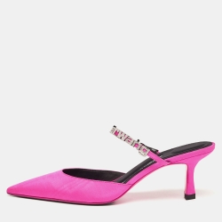 Pink Canvas Crystal Embellished Pointed Toe Mules