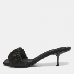 Black Pleated Satin Slide Sandals