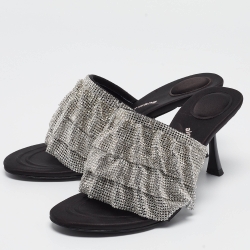 Alexander Wang Silver/Black Crystal Embellishments Satin Open Toe Slide Sandals Size 39