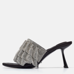 Alexander Wang Silver/Black Crystal Embellishments Satin Open Toe Slide Sandals Size 39