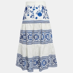 Alexis White/Blue Embroidered Linen Midi Skirt S