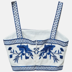 Alexis White/Blue Embroidered Linen Crop Top S