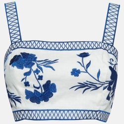 Alexis White/Blue Embroidered Linen Crop Top S