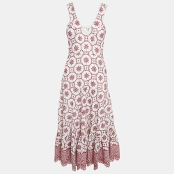 Alexis White/Red Eyelet Linen Midi Dress S