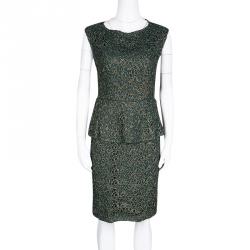 Pre Owned Alice + Olivia Green and Gold Cutwork Lace Shovan Peplum Dress M