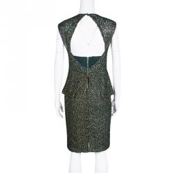 Pre Owned Alice + Olivia Green and Gold Cutwork Lace Shovan Peplum Dress M