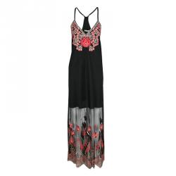 Pre Owned Alice + Olivia Black and Red Poppy Embroidered Tulle Sally Maxi Dress M