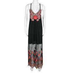 Pre Owned Alice + Olivia Black and Red Poppy Embroidered Tulle Sally Maxi Dress M
