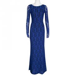 Pre Owned Alice + Olivia Cobalt Blue Lace Long Sleeve Flared Maryanna Maxi Dress S