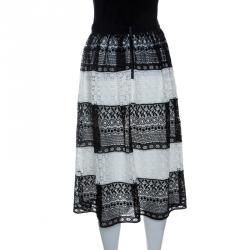 Pre Owned Alice + Olivia Black Floral Embroidered Stripe Detail Birdie Skirt M