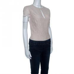 Pre Owned Alice + Olivia Champagne Floral Lace Cap Sleeve Marita Bodysuit S