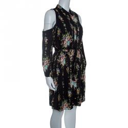 Pre Owned Alice + Olivia Black Floral Print Cold Shoulder Belted Karina Shirt Dress S
