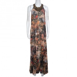 Alice + Olivia Jungle Safari Print Embellished Silk Shona Maxi Dress M