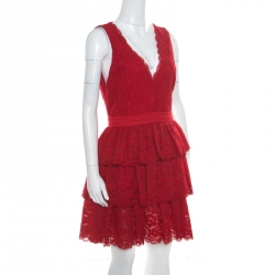 Alice + Olivia Deep Ruby Floral Lace Tiered Clora Mini Dress M