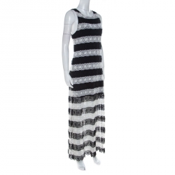 Pre Owned Alice + Olivia Monochrome Striped Crochet Lace Sleeveless Lucia Maxi Dress L