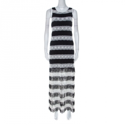Pre Owned Alice + Olivia Monochrome Striped Crochet Lace Sleeveless Lucia Maxi Dress L
