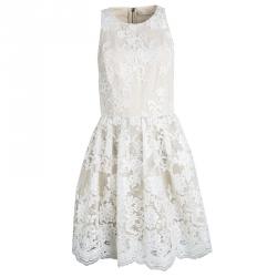 Pre Owned Alice + Olivia Beige Embroidered Lace Fit and Flare Ladonna Dress S