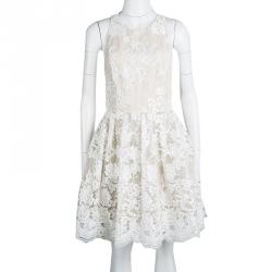 Pre Owned Alice + Olivia Beige Embroidered Lace Fit and Flare Ladonna Dress S