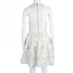 Pre Owned Alice + Olivia Beige Embroidered Lace Fit and Flare Ladonna Dress S