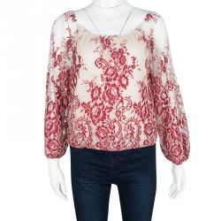 Alice + Olivia Red and Cream Embroidered Lace Long Sleeve Fila Top S