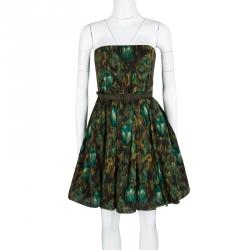 Pre Owned Alice + Olivia Green Floral Print Strapless Belted Dress M