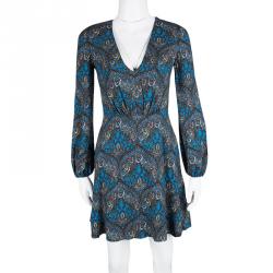 Pre Owned Alice + Olivia Blue Gothic Print V-Neck Flared Dress XS