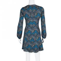 Pre Owned Alice + Olivia Blue Gothic Print V-Neck Flared Dress XS