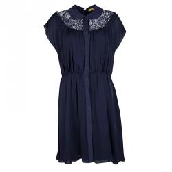 Pre Owned Alice + Olivia Navy Blue Silk Floral Lace Panel Detail Emma Dress L