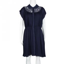Pre Owned Alice + Olivia Navy Blue Silk Floral Lace Panel Detail Emma Dress L