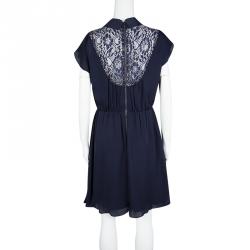 Pre Owned Alice + Olivia Navy Blue Silk Floral Lace Panel Detail Emma Dress L