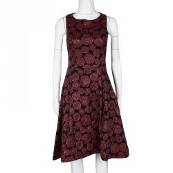 Alice + Olivia Black and Red Floral Jacquard Sleeveless Bailey Flounce Dress S