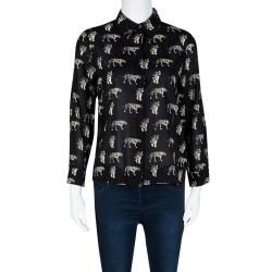 Pre Owned Alice + Olivia Black Tiger Print Sheer Silk Willa Shirt S
