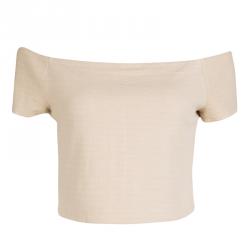 Alice + Olivia Beige Stretch Knit Gracelyn Off Shoulder Crop Top L