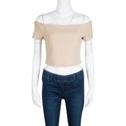 Alice + Olivia Beige Stretch Knit Gracelyn Off Shoulder Crop Top L