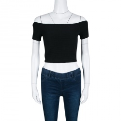 Pre Owned Alice + Olivia Black Stretch Knit Gracelyn Off Shoulder Crop Top S