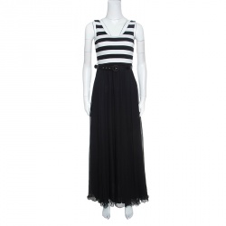 Pre Owned Alice + Olivia Monochrome Striped Knit Bodice Detail Belted Maxi Dress M