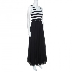 Pre Owned Alice + Olivia Monochrome Striped Knit Bodice Detail Belted Maxi Dress M