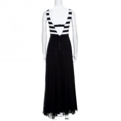 Pre Owned Alice + Olivia Monochrome Striped Knit Bodice Detail Belted Maxi Dress M