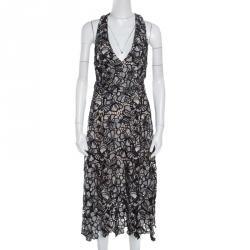 Alice + Olivia Monochrome Floral Lace Cut Out Detail Noreen Halter Dress M
