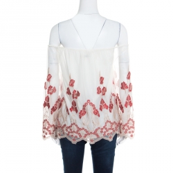 Pre Owned Alice + Olivia White and Red Floral Embroidered Tulle Off Shoulder Priya Top S