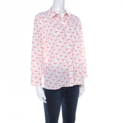 Alice + Olivia White Garden Flamingo Print Sheer Silk Willa Shirt S