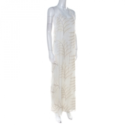Pre Owned Alice + Olivia Off White Embroidered Silk Kelly Halter Maxi Dress M