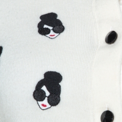 Alice + Olivia Cream Stretch Wool Stacey Emoji Applique Button Front Cardigan M