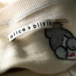 Alice + Olivia Cream Stretch Wool Stacey Emoji Applique Button Front Cardigan M