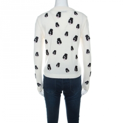 Alice + Olivia Cream Stretch Wool Stacey Emoji Applique Button Front Cardigan M