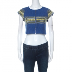 Pre Owned Alice + Olivia Blue Cotton Cap Sleeve Zip Front Woven Amy Crop Top M